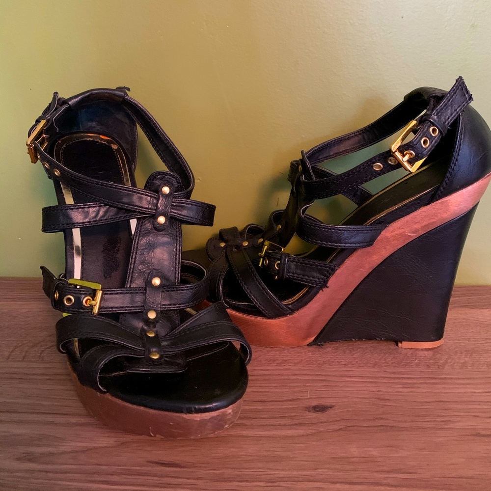 Aldo black leather and wood wedge sandals Sz 39